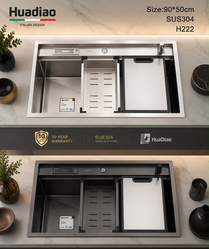 سینک باکسی سایز 90 هوادیائو Huadiao تک لگن در ابعاد 90 در50 جنس بدنه استیل 304 ضد خش و ضد رسوب