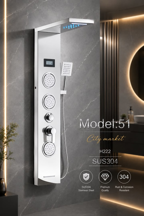 پنل دوش حمام ماساژور دار متحرک دیجیتال هوشمند برند پینگ مدل ابشاری